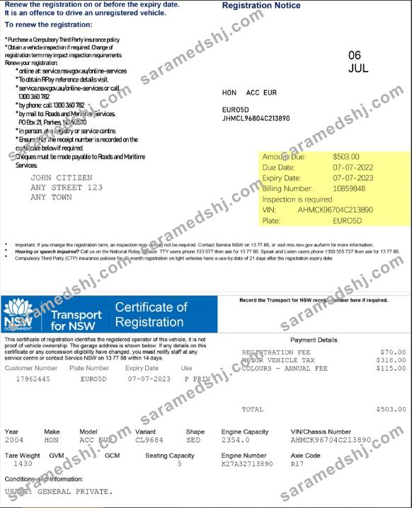 Australia Transport for NSW Registration certificate